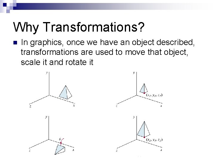 Why Transformations? n In graphics, once we have an object described, transformations are used