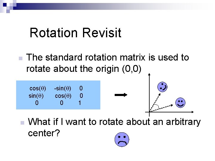 Rotation Revisit n The standard rotation matrix is used to rotate about the origin