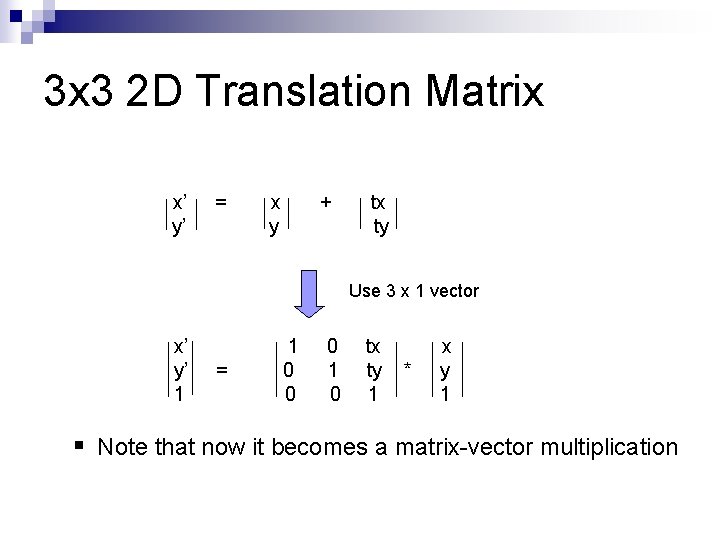 3 x 3 2 D Translation Matrix x’ y’ = x y + tx