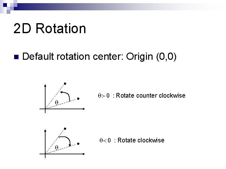 2 D Rotation n Default rotation center: Origin (0, 0) q q q> 0