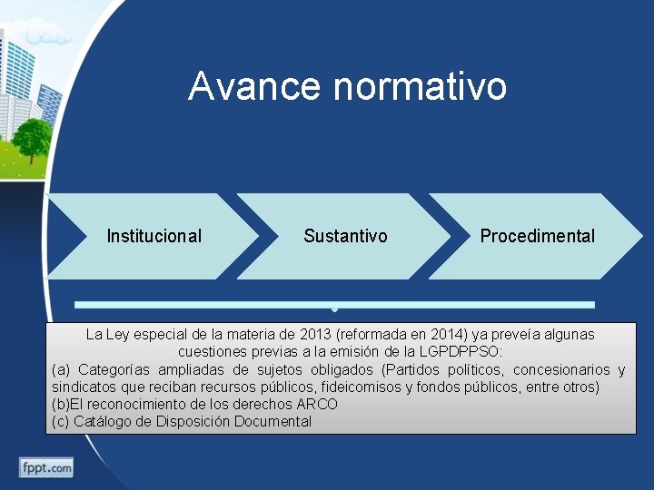 Avance normativo Institucional Sustantivo Procedimental La Ley especial de la materia de 2013 (reformada