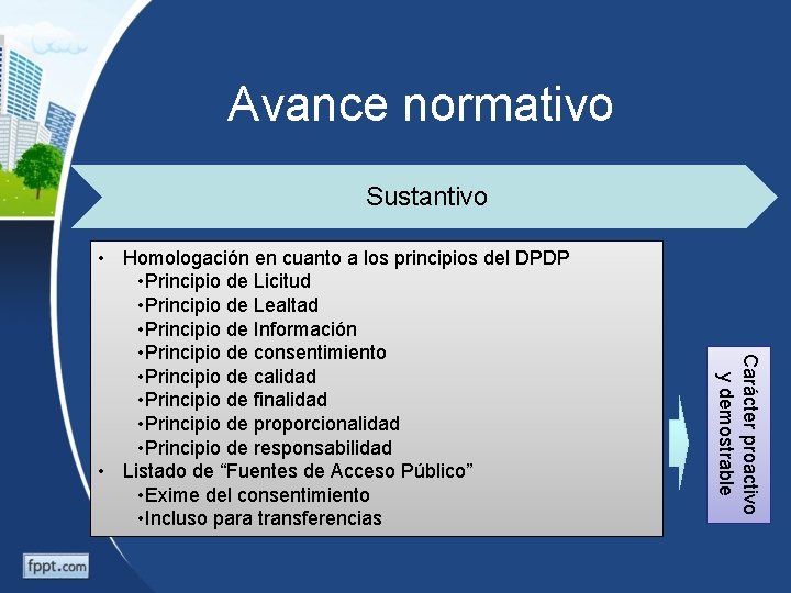 Avance normativo Sustantivo Carácter proactivo y demostrable • Homologación en cuanto a los principios