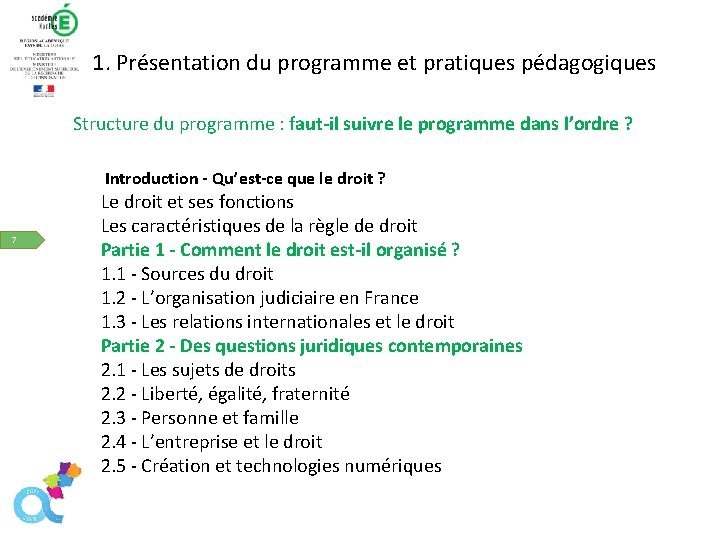 1. Présentation du programme et pratiques DU pédagogiques ORGANISATION PROGRAMME Structure du programme :