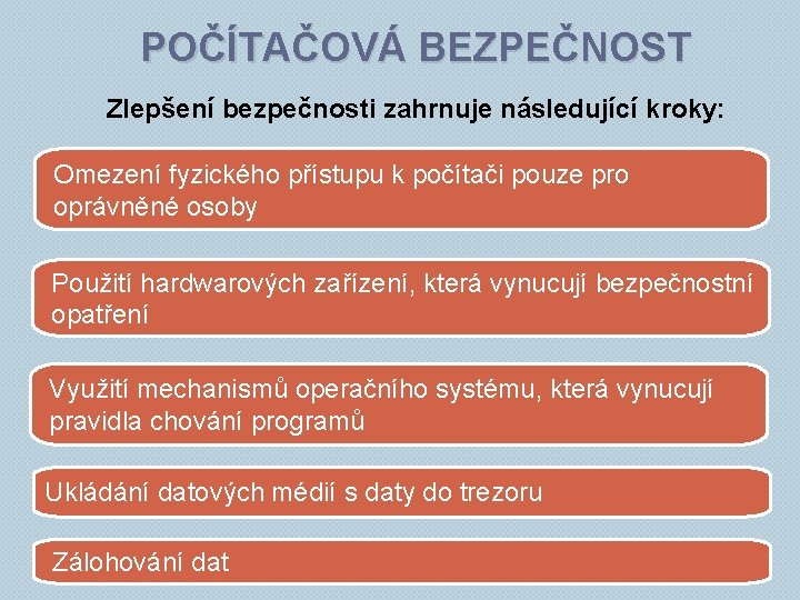 POČÍTAČOVÁ BEZPEČNOST Zlepšení bezpečnosti zahrnuje následující kroky: Omezení fyzického přístupu k počítači pouze pro