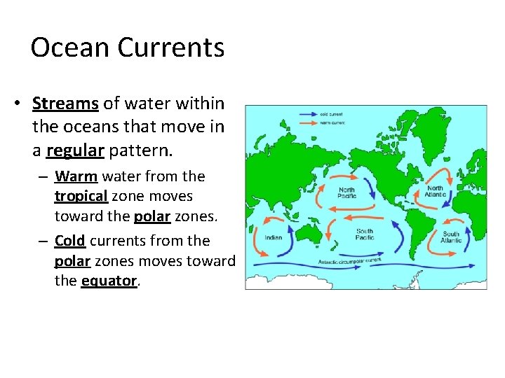 Ocean Currents • Streams of water within the oceans that move in a regular