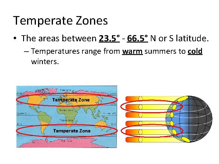 Temperate Zones • The areas between 23. 5° - 66. 5° N or S