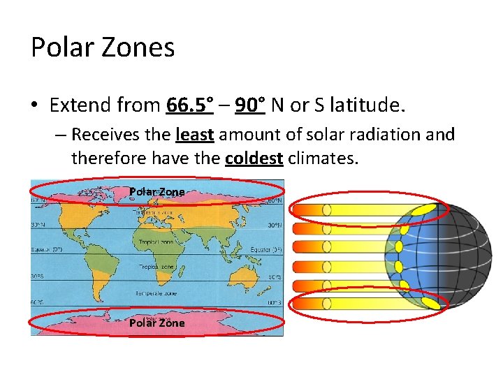 Polar Zones • Extend from 66. 5° – 90° N or S latitude. –