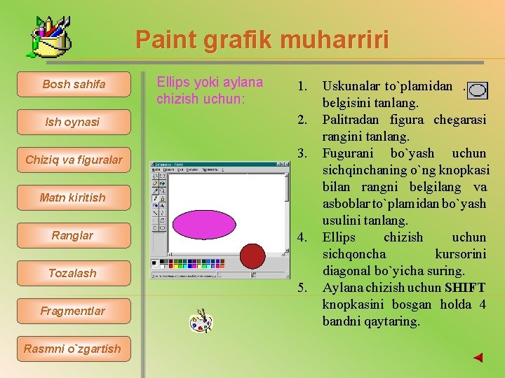 Paint grafik muharriri Bosh sahifa Ish oynasi Chiziq va figuralar Ellips yoki aylana chizish
