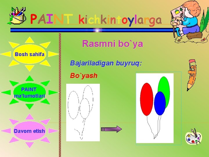 PAINT kichkintoylarga Rasmni bo`ya Bosh sahifa Bajariladigan buyruq: Bo`yash PAINT ma’lumotlari Davom etish 