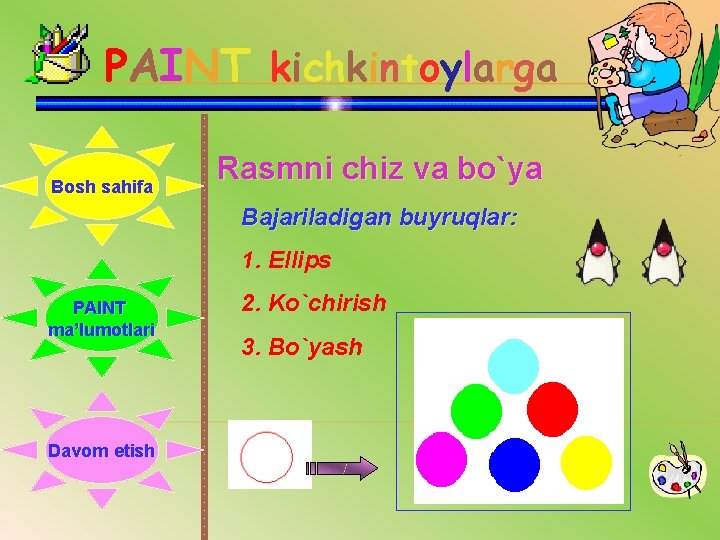 PAINT kichkintoylarga Bosh sahifa Rasmni chiz va bo`ya Bajariladigan buyruqlar: 1. Ellips PAINT ma’lumotlari
