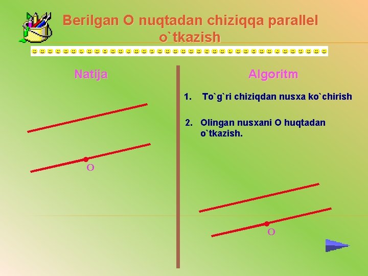 Berilgan О nuqtadan chiziqqa parallel o`tkazish Natija Algoritm 1. To`g`ri chiziqdan nusxa ko`chirish 2.