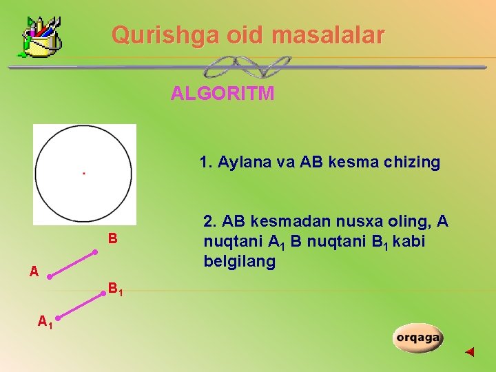 Qurishga oid masalalar ALGORITM 1. Aylana va АВ kesma chizing В А В 1
