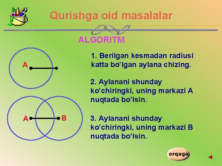 Qurishga oid masalalar ALGORITM 1. Berilgan kesmadan radiusi katta bo’lgan aylana chizing. А 2.