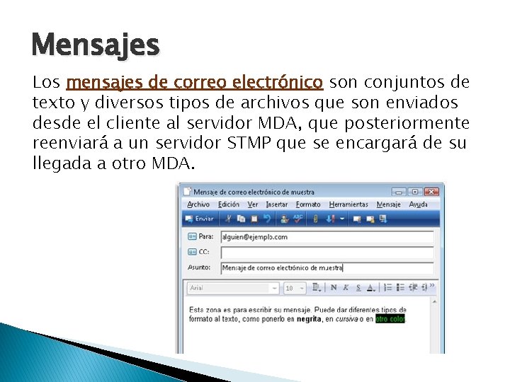 Mensajes Los mensajes de correo electrónico son conjuntos de texto y diversos tipos de