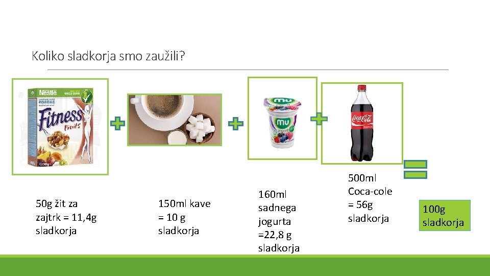 Koliko sladkorja smo zaužili? 50 g žit za zajtrk = 11, 4 g sladkorja