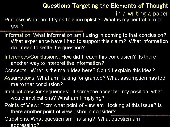 Questions Targeting the Elements of Thought in a writing a paper Purpose: What am