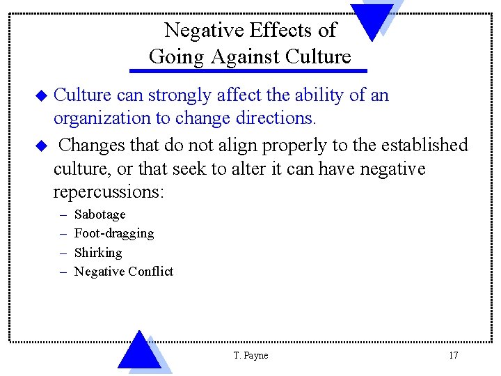 Negative Effects of Going Against Culture u Culture can strongly affect the ability of