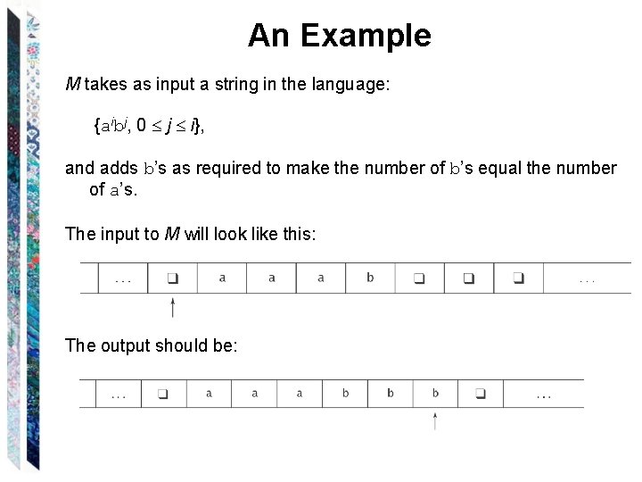 An Example M takes as input a string in the language: {aibj, 0 j