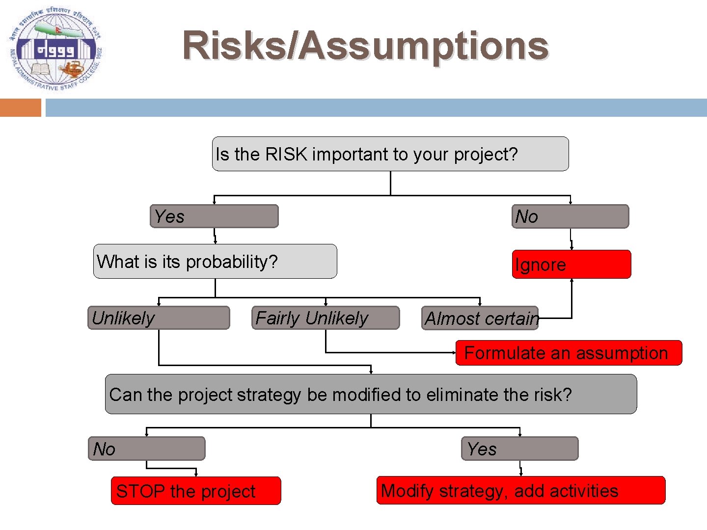 Risks/Assumptions Is the RISK important to your project? Yes No What is its probability?