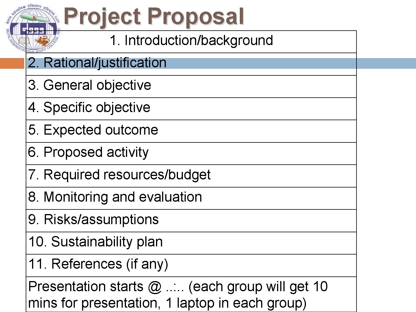 Project Proposal 1. Introduction/background 2. Rational/justification 3. General objective 4. Specific objective 5. Expected