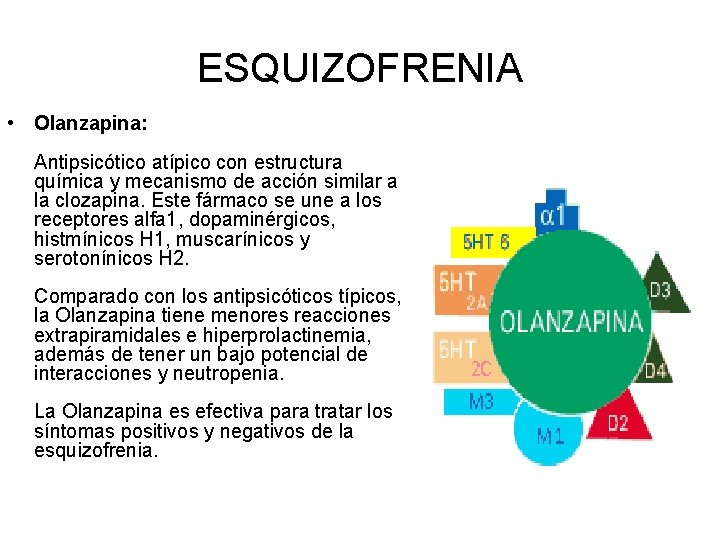 ESQUIZOFRENIA • Olanzapina: Antipsicótico atípico con estructura química y mecanismo de acción similar a