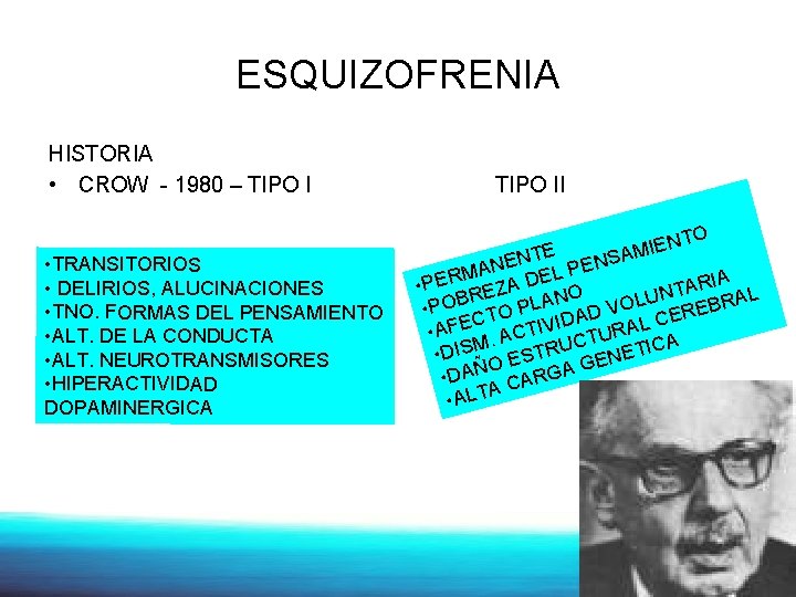 ESQUIZOFRENIA HISTORIA • CROW - 1980 – TIPO I • TRANSITORIOS • DELIRIOS, ALUCINACIONES