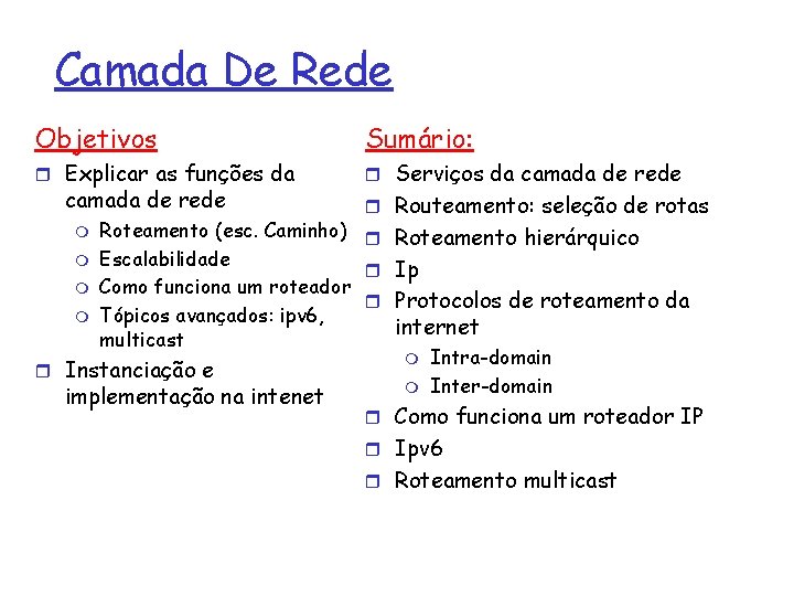 Camada De Rede Objetivos Sumário: r Explicar as funções da r Serviços da camada