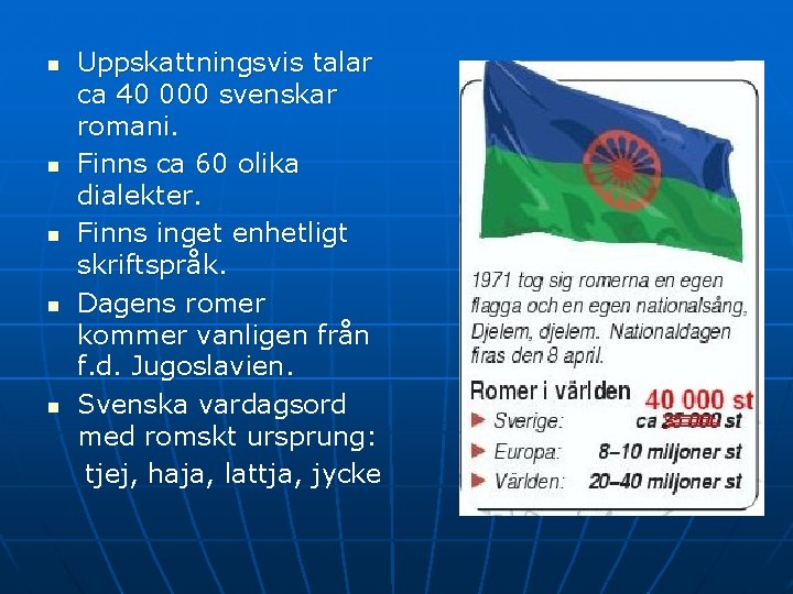 n n n Uppskattningsvis talar ca 40 000 svenskar romani. Finns ca 60 olika