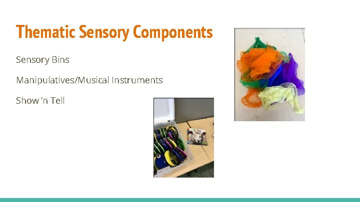 Thematic Sensory Components Sensory Bins Manipulatives/Musical Instruments Show ‘n Tell 