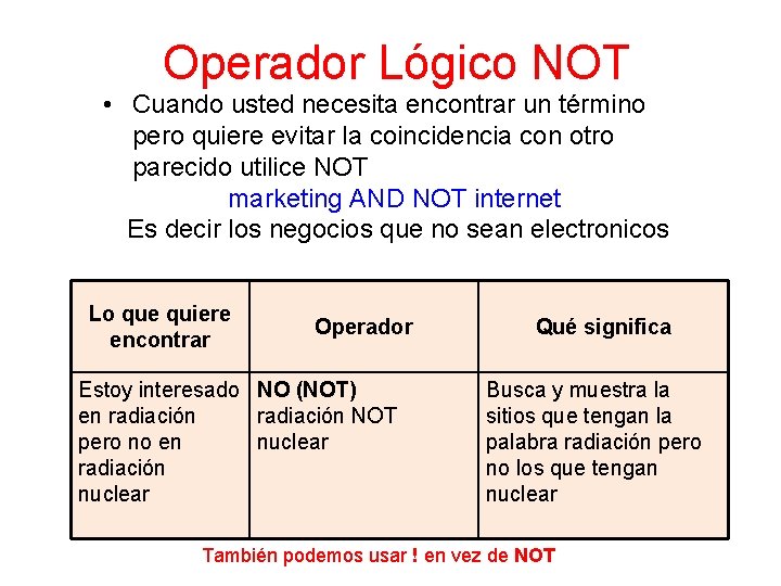 Operador Lógico NOT • Cuando usted necesita encontrar un término pero quiere evitar la