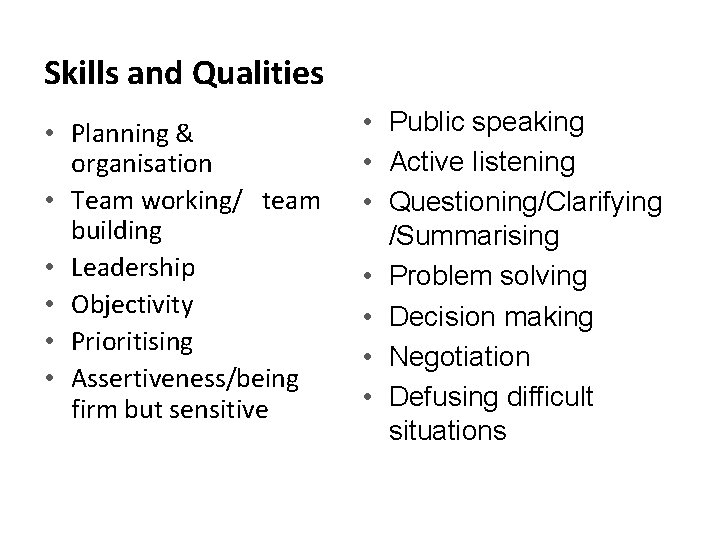 Skills and Qualities • Planning & organisation • Team working/ team building • Leadership