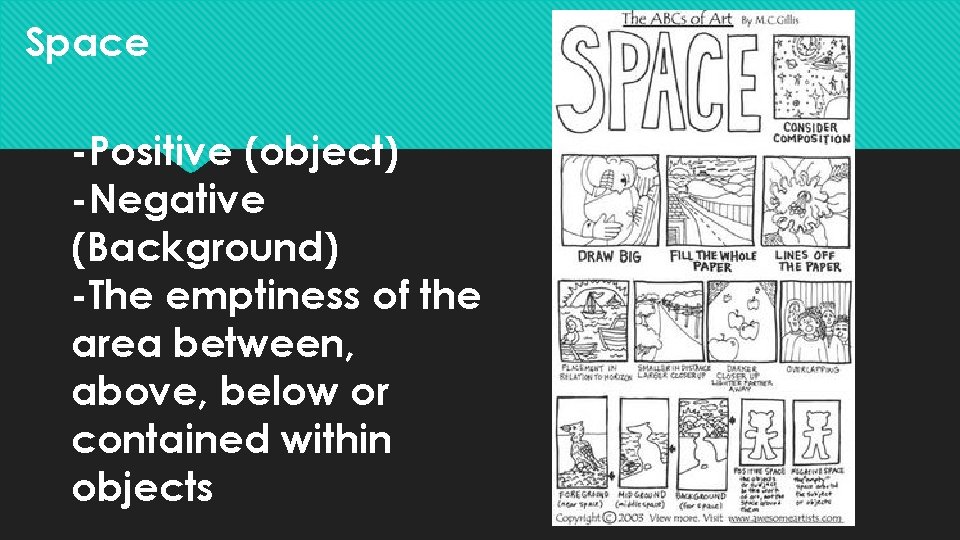 Space -Positive (object) -Negative (Background) -The emptiness of the area between, above, below or