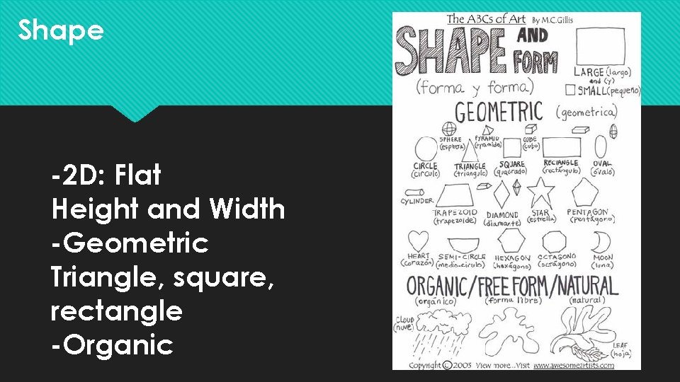 Shape -2 D: Flat Height and Width -Geometric Triangle, square, rectangle -Organic 