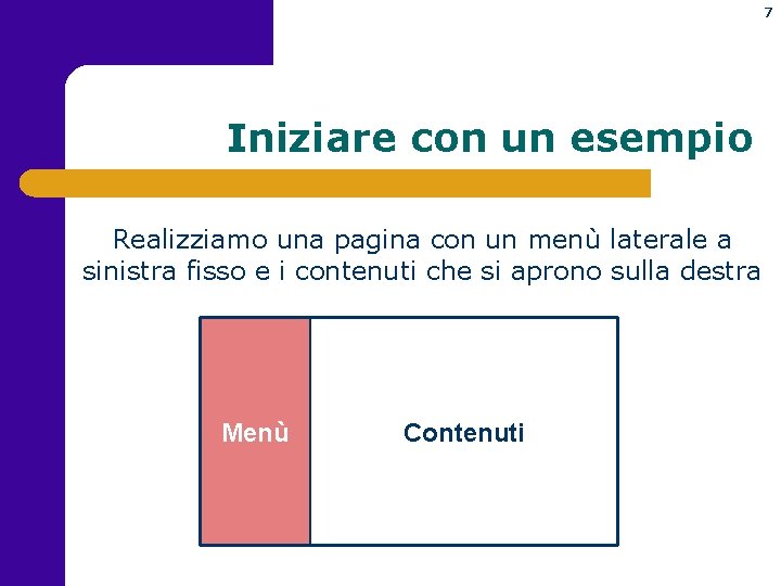 7 Iniziare con un esempio Realizziamo una pagina con un menù laterale a sinistra