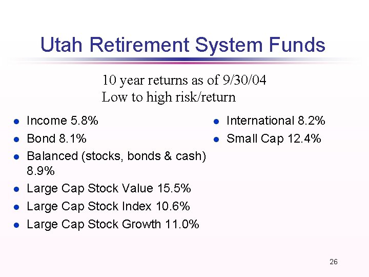 Utah Retirement System Funds 10 year returns as of 9/30/04 Low to high risk/return Utah Retirement System Funds 10 year returns as of 9/30/04 Low to high risk/return