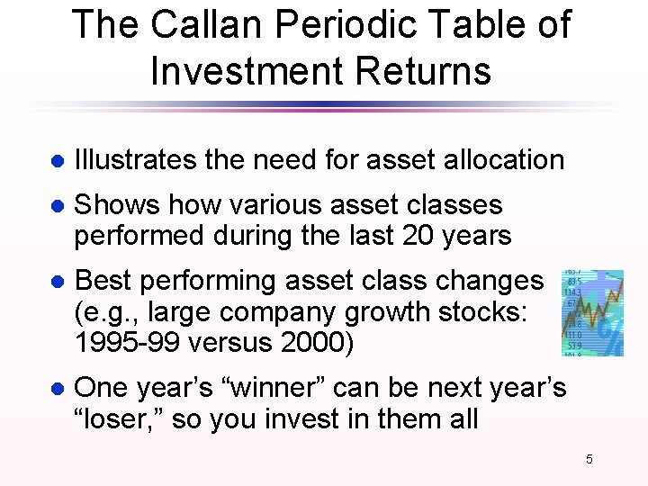 The Callan Periodic Table of Investment Returns l Illustrates the need for asset allocation The Callan Periodic Table of Investment Returns l Illustrates the need for asset allocation