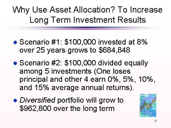 Why Use Asset Allocation? To Increase Long Term Investment Results l Scenario #1: $100, Why Use Asset Allocation? To Increase Long Term Investment Results l Scenario #1: $100,