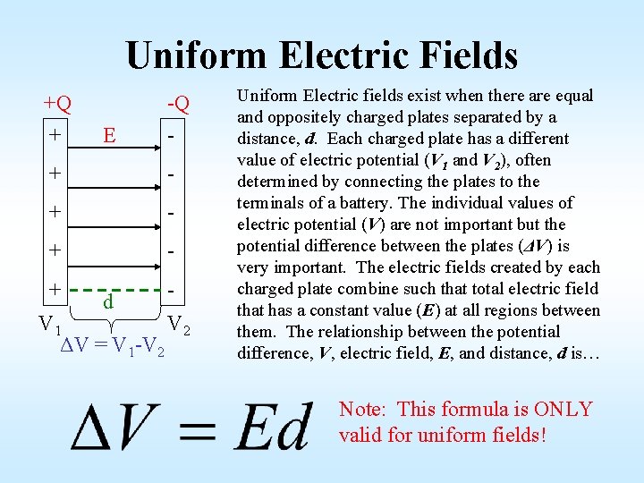 Uniform Electric Fields +Q + -Q E - + - + - d V