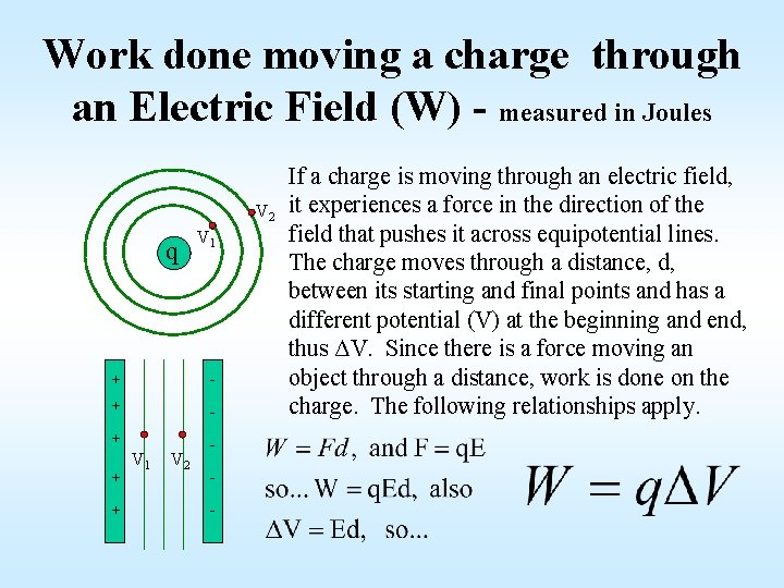 Work done moving a charge through an Electric Field (W) - measured in Joules