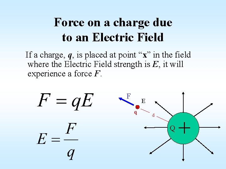 Force on a charge due to an Electric Field If a charge, q, is