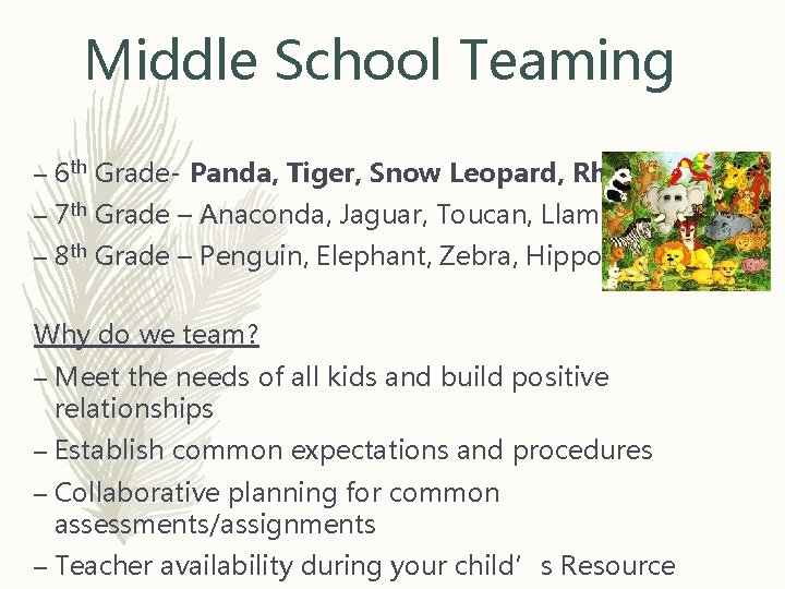 Middle School Teaming – 6 th Grade- Panda, Tiger, Snow Leopard, Rhino – 7