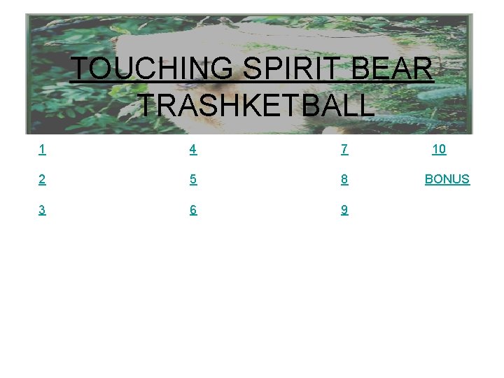 TOUCHING SPIRIT BEAR TRASHKETBALL 1 4 7 2 5 8 3 6 9 10