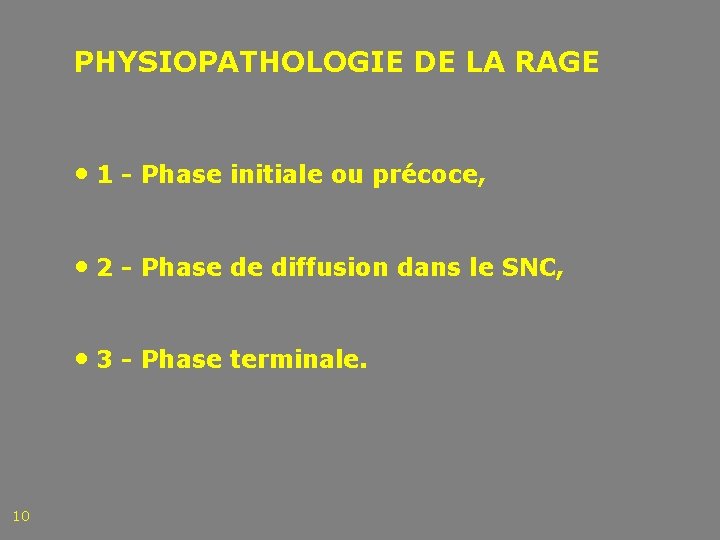 PHYSIOPATHOLOGIE DE LA RAGE • 1 - Phase initiale ou précoce, • 2 -