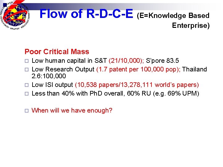 Flow of R-D-C-E (E=Knowledge Based Enterprise) Poor Critical Mass Low human capital in S&T