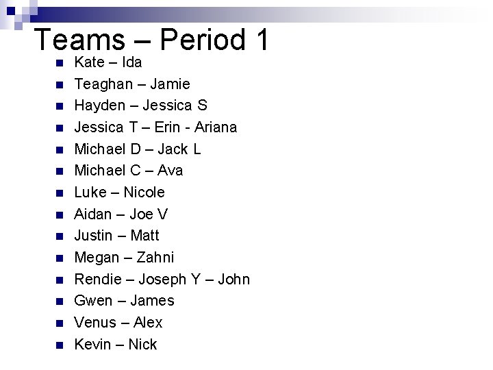 Teams – Period 1 n n n n Kate – Ida Teaghan – Jamie