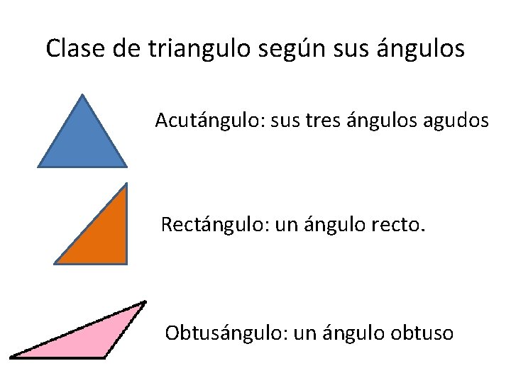 Clase de triangulo según sus ángulos Acutángulo: sus tres ángulos agudos Rectángulo: un ángulo