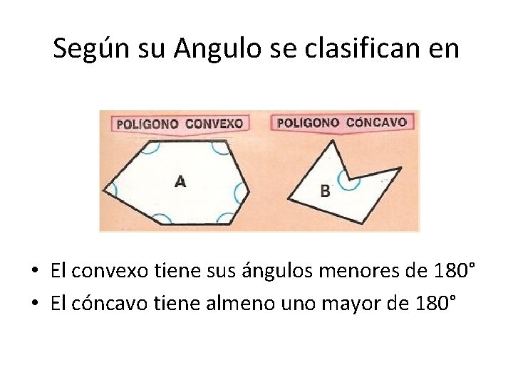 Según su Angulo se clasifican en • El convexo tiene sus ángulos menores de