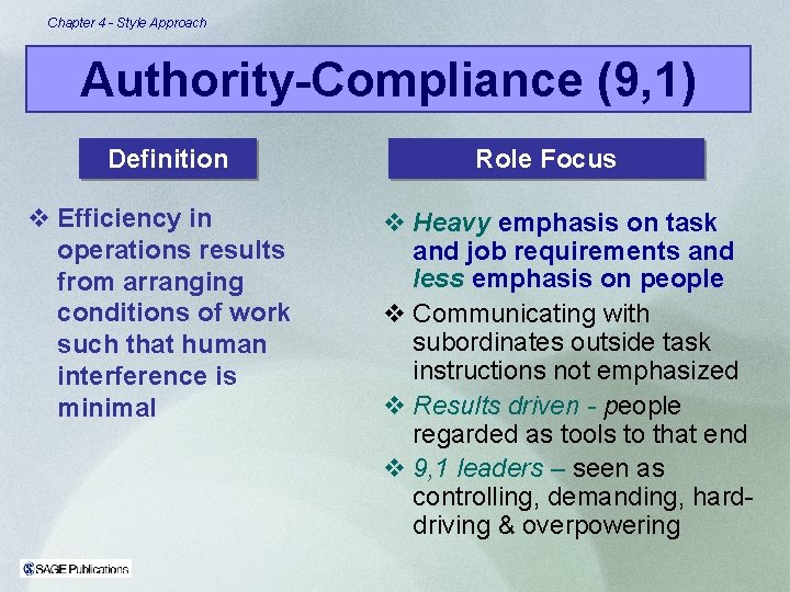 Chapter 4 - Style Approach Authority-Compliance (9, 1) Definition v Efficiency in operations results