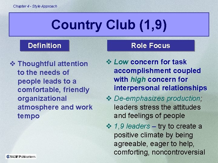 Chapter 4 - Style Approach Country Club (1, 9) Definition v Thoughtful attention to