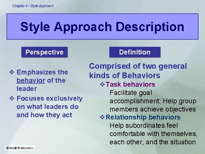 Chapter 4 - Style Approach Description Perspective v Emphasizes the behavior of the leader